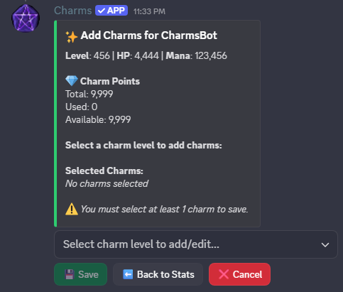 Character add - add charms embed (initial)