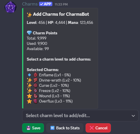 Character add - selected charms